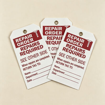 Custom Waterproof PVC Repair Order Hang Tag with Film Lamination for Industrial Safety