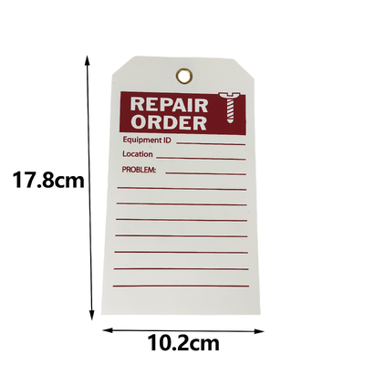 Custom Waterproof PVC Repair Order Hang Tag with Film Lamination for Industrial Safety