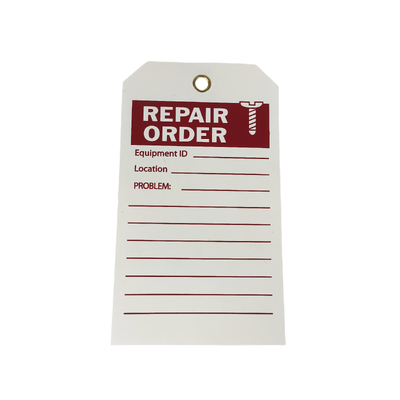 Custom Waterproof PVC Repair Order Hang Tag with Film Lamination for Industrial Safety